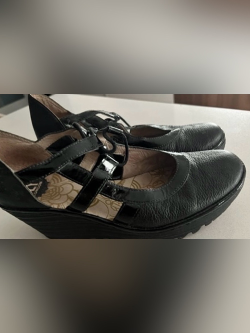 Fly London YETT Black Leather Wedge Mary Jane Shoes